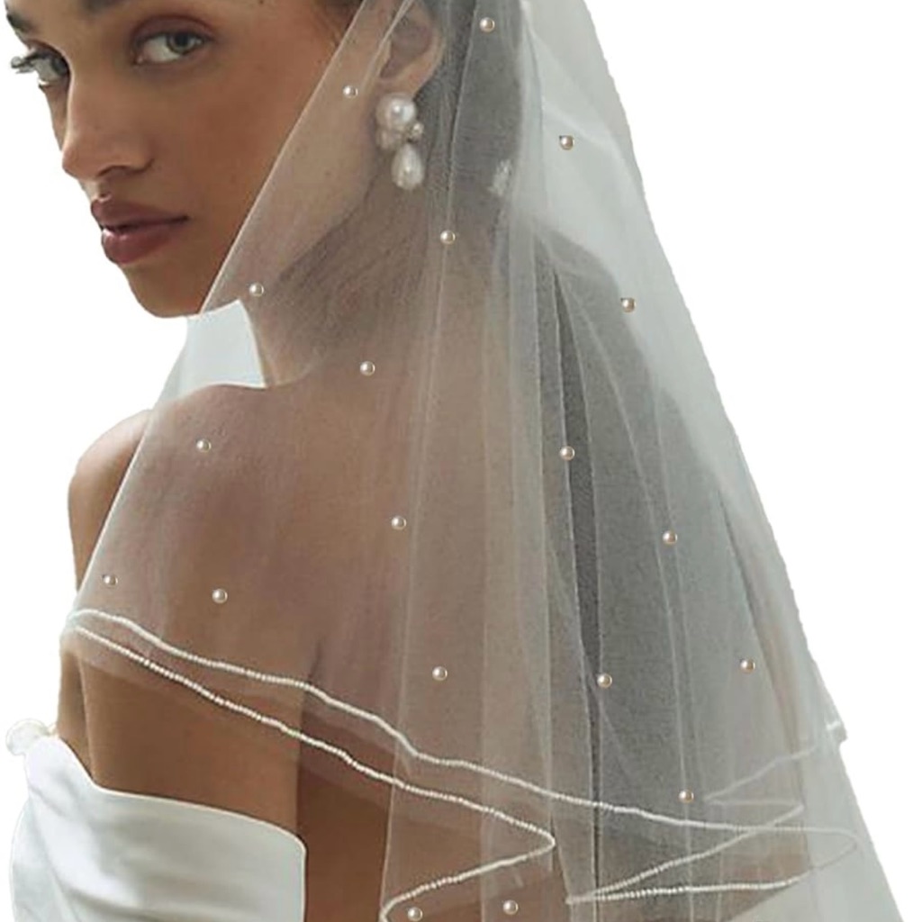 White Short Wedding Veil Pearl Rhinestone Bride Veils Bridal Veils Bachelorette
